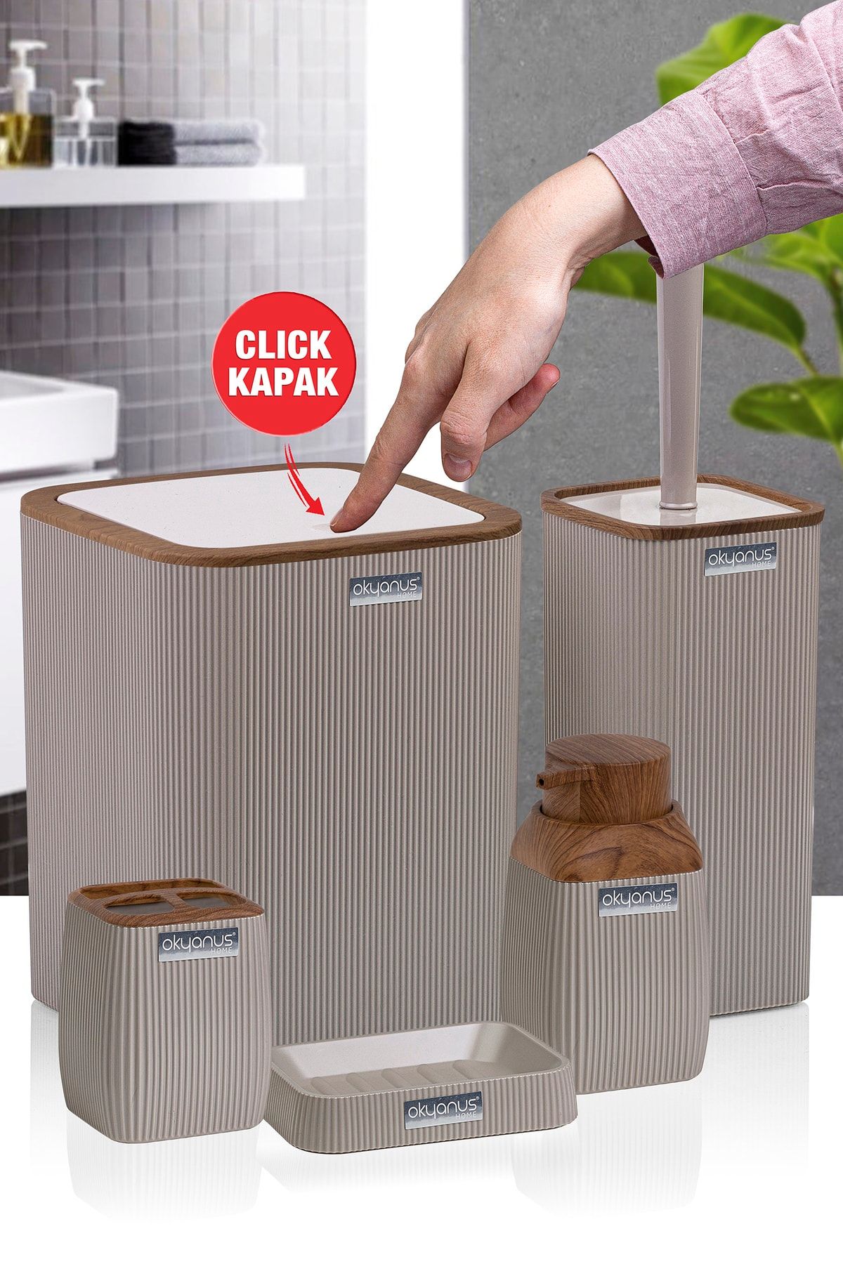 Okyanus Home Ahşap Desenli Çizgili 5'li Banyo Seti Vizon Rengi